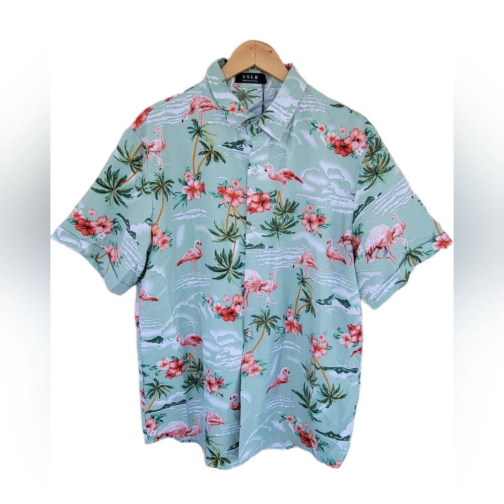 Mens SSLR Pink Flamingo Palm Tree Floral Beach Button Down Hawaiian Style Shirt
